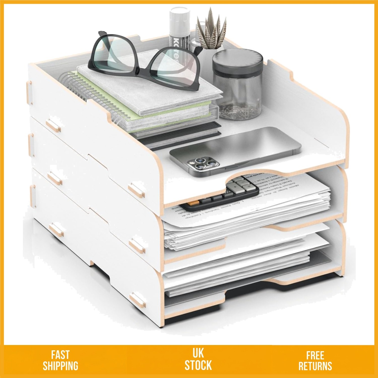Elegant Wooden Desktop File Tray Sleek A4 Document Organiser White 3 Tier Set