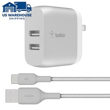 24W Dual Port USB Wall Charger Fast Charging USB-C Cable Included Silver