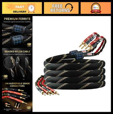 High-Quality 12 AWG Speaker Cable 2-Pack with Banana Plugs, 4N OFC, Nylon Braid,
