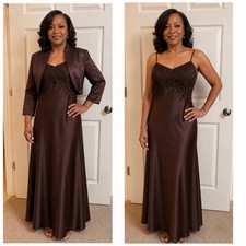 XSCAPE Joanna Chen Brown Formal Satin Embroidered Maxi  Dress &  Jacket  12/14