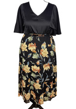 Black Floral Midi Dress Belted Floaty Sleeve V Neck 1XL LAPA Paris Plus Size