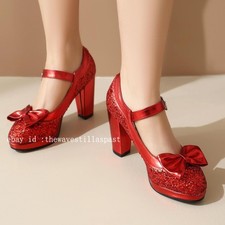 Women's Round Toe High Block Heel Sequin Bowknot Buckle Platform Pumps Shoes New