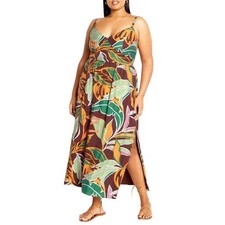 City Chic Tropical Leaf Print Maxi Dress Brown Orange Green Plus Size L US 20