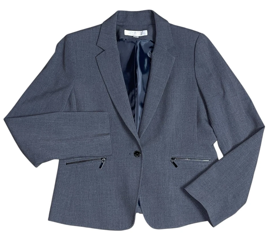 Traje Falda Tahari ASL Talla 10 Gris Chaqueta Bolsillos con Cremallera Falda con Volantes Dobladillo Foto 3 de 4