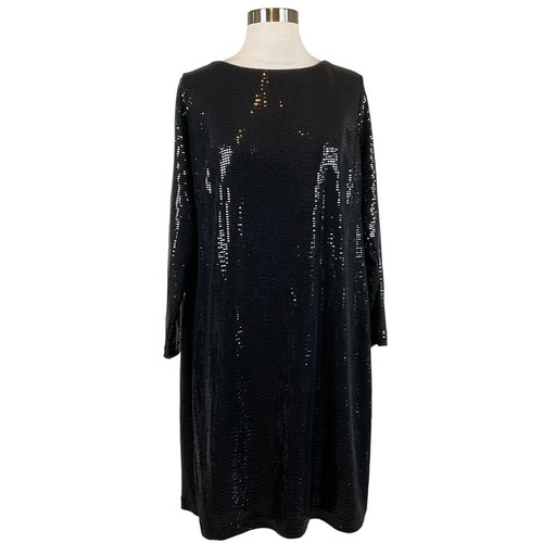 Calvin Klein Damen Cocktailkleid Gr. 16 W Schwarz Pailletten Langarm Etuikleid