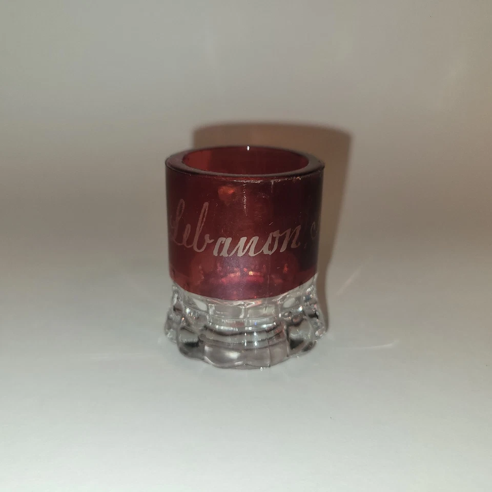 Antique EAPG Ruby Stain Souvenir Of Lebanon Indiana Miniature Glass Mug - Image 3 of 4