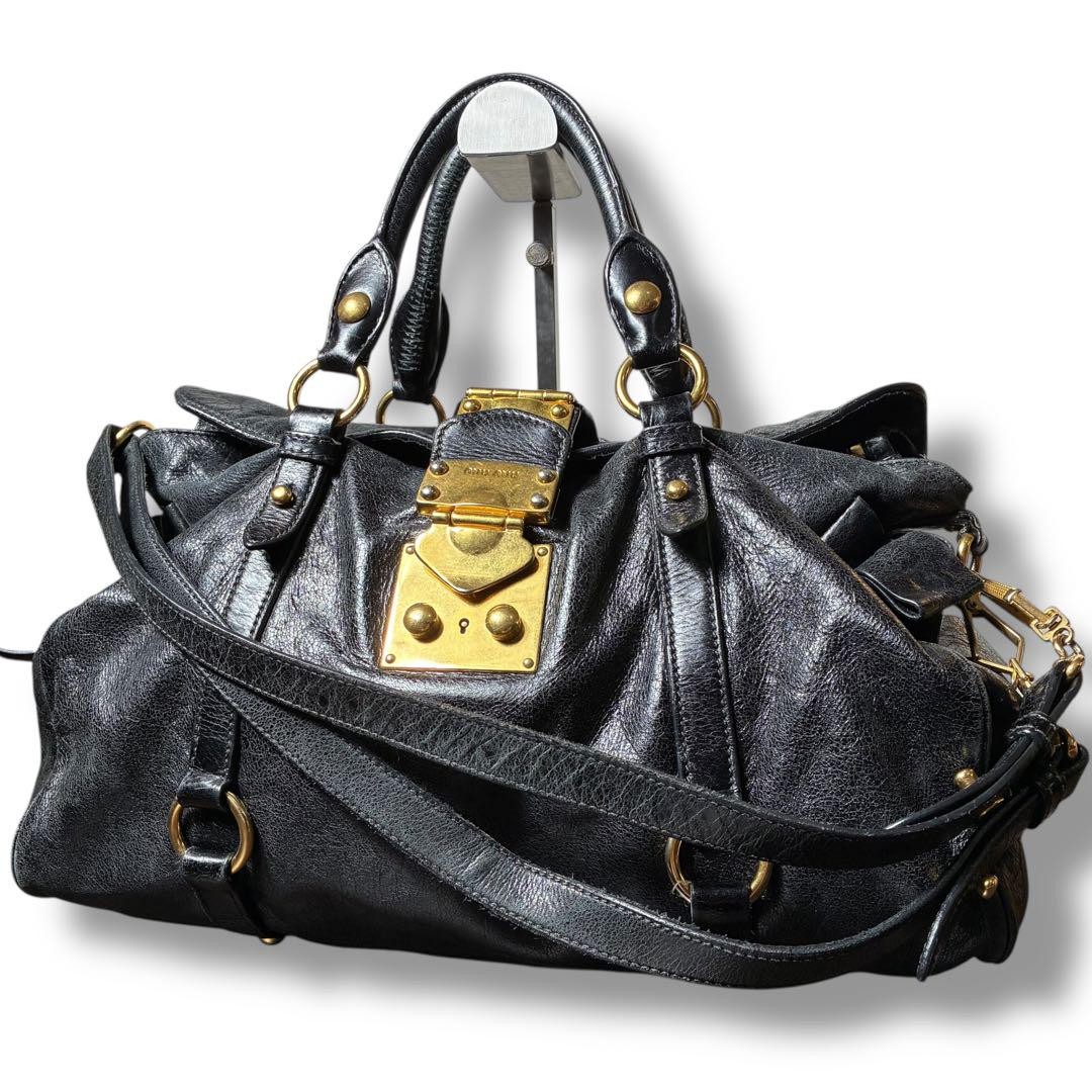 バッグ miumiu vitello lux side ribbon bag 2way Rare Miu Miu Side Ribbon Bow Bag Vitello Lux Black Leather