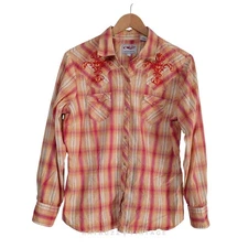 Roper Pearl Snap Western Shirt Womens L Pink Orange Plaid Embroidered Rodeo
