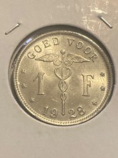 1928 Belgium 1 Franc Coin French Text Variety  BU