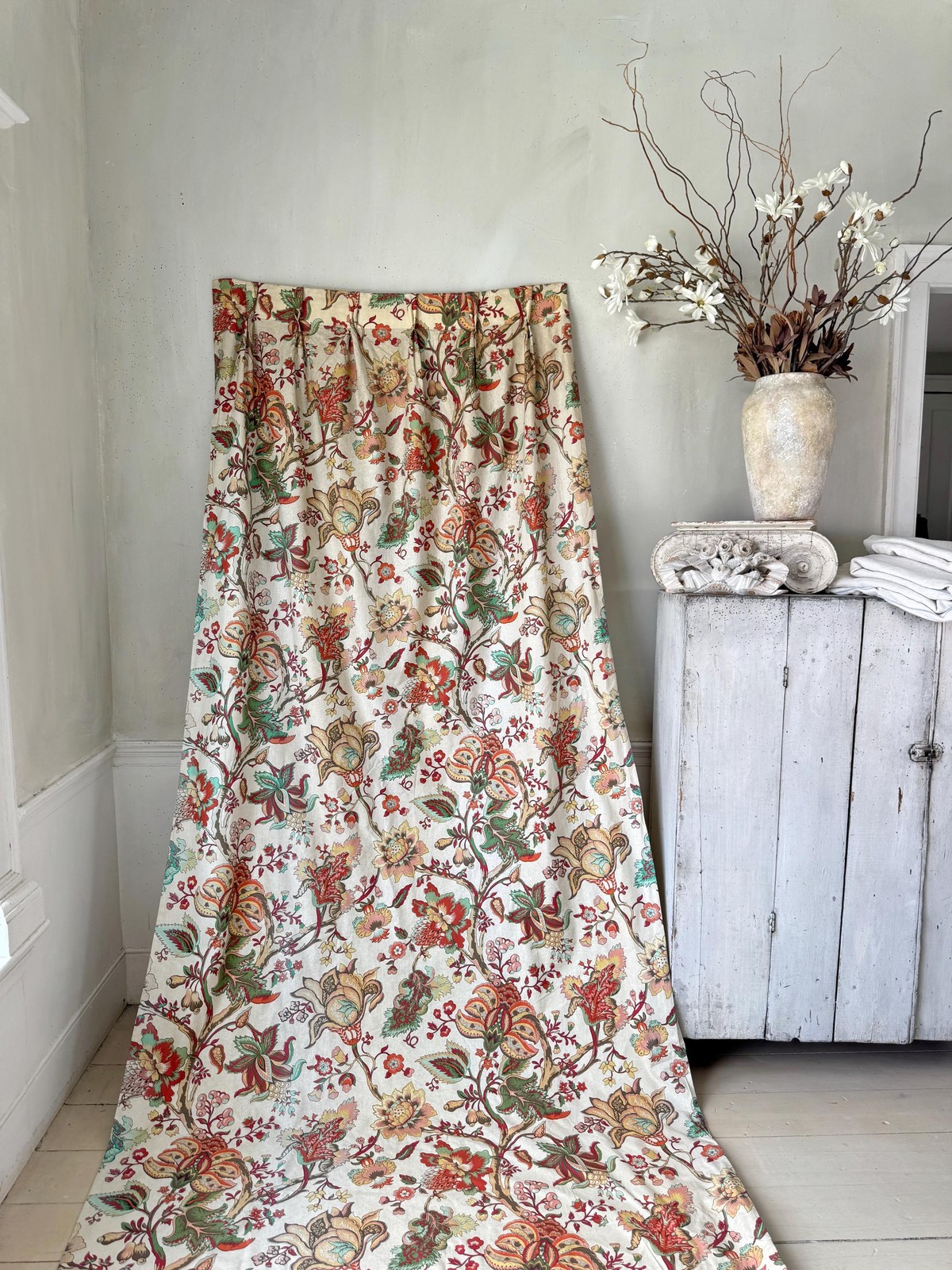 103x53 ( 2 avail) antique French chintz curtain botanical floral print lined vi
