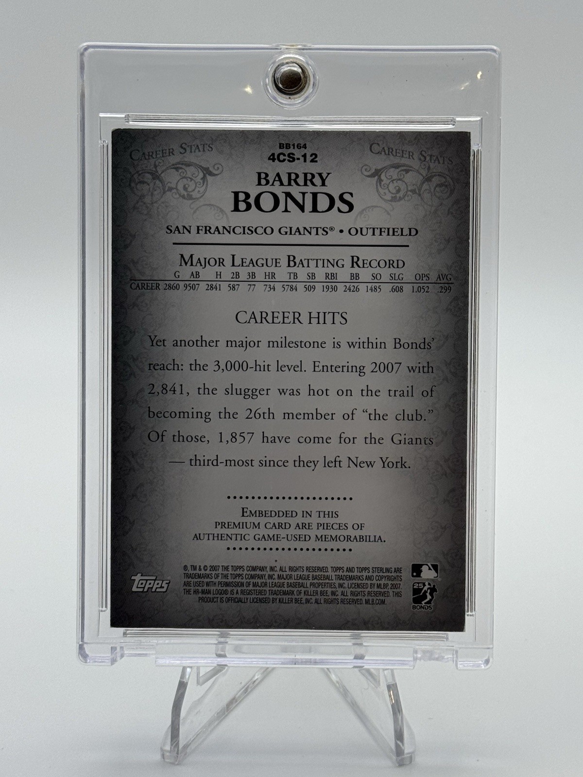 Barry Bonds 2007 Topps Sterling Career Hits Game-Used Quad Jersey 9/10 Giants view 9