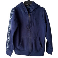 Polo Ralph Lauren Boys Navy Blue Full Zip Fleece Jacket Hood Logo Sleeve Size 6X