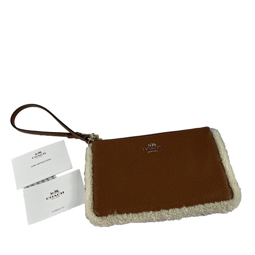 Coach Wristlet Womens Brown Shearling Trim Leather Zip Pouch Clutch Purse