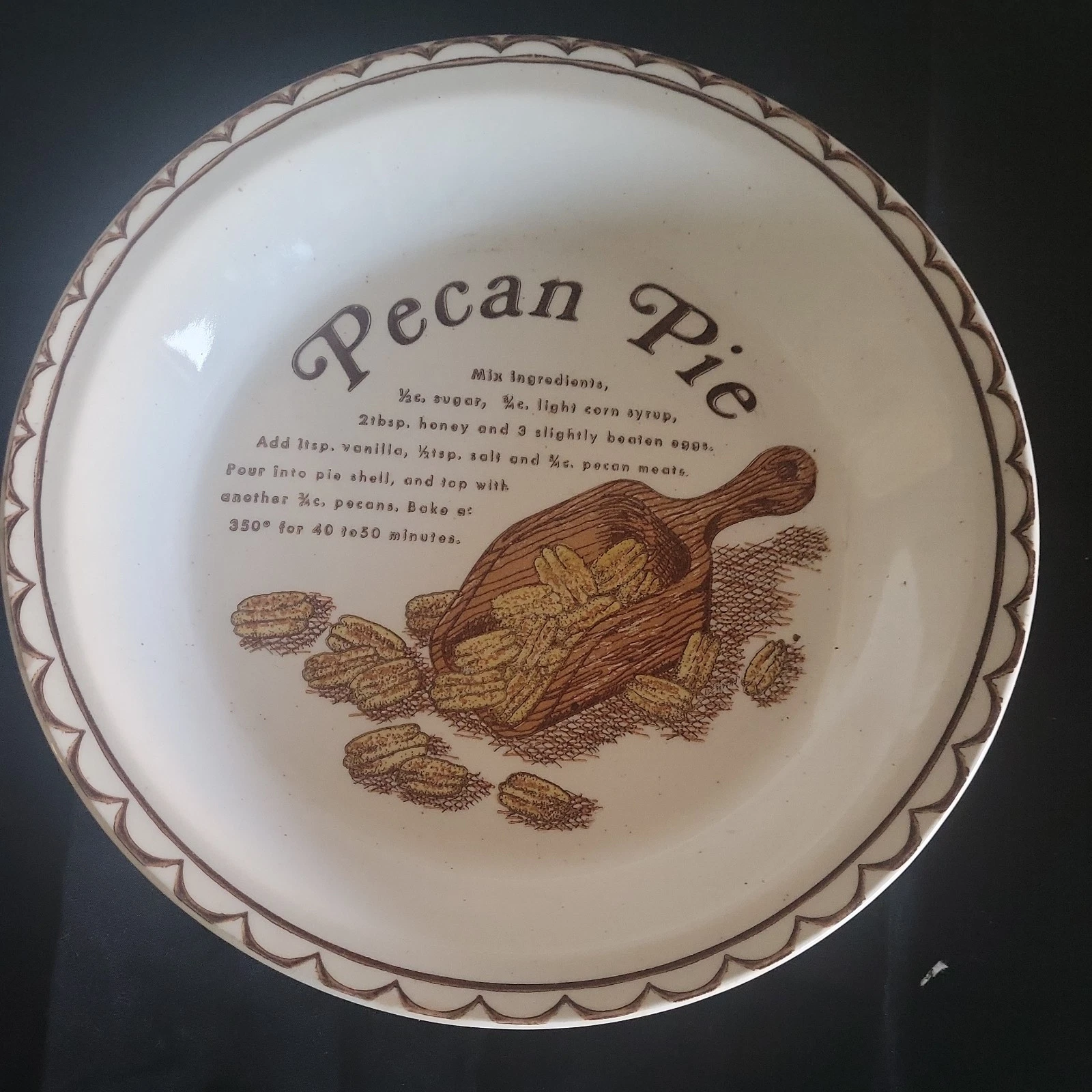 Vintage Pecan Pie Recipe Pie Plate Baking Dish Ceramic 10 1/2" Diameter
Opens in a new window or tab