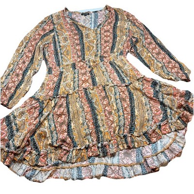 DEAR JOHN LONG SLEEVE BOHO DRESS Tan Orange Cottage Core Floral Women XL Cowgirl
