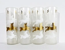 4 MCM Libbey CAVALCADE Horses Frosted Tom Collins Iced Tea High Ball Glasses 7"