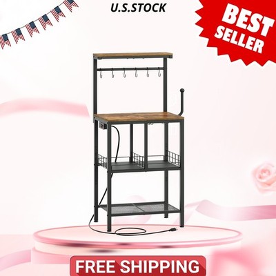 bakers rack with power outlet microwave stand coffee bar 4 tier rustic brown