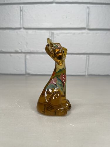 Fenton FAGCA Glass Happy Kitty Cat Amber Floral Hand Painted Martha Reynolds - Picture 2 of 7