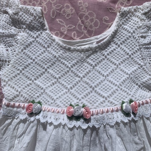 Vintage 90s Kids Bonnie Jean White Cotton Dress W/ Pink Ribbon & Florets Sz 5 - Picture 3 of 14