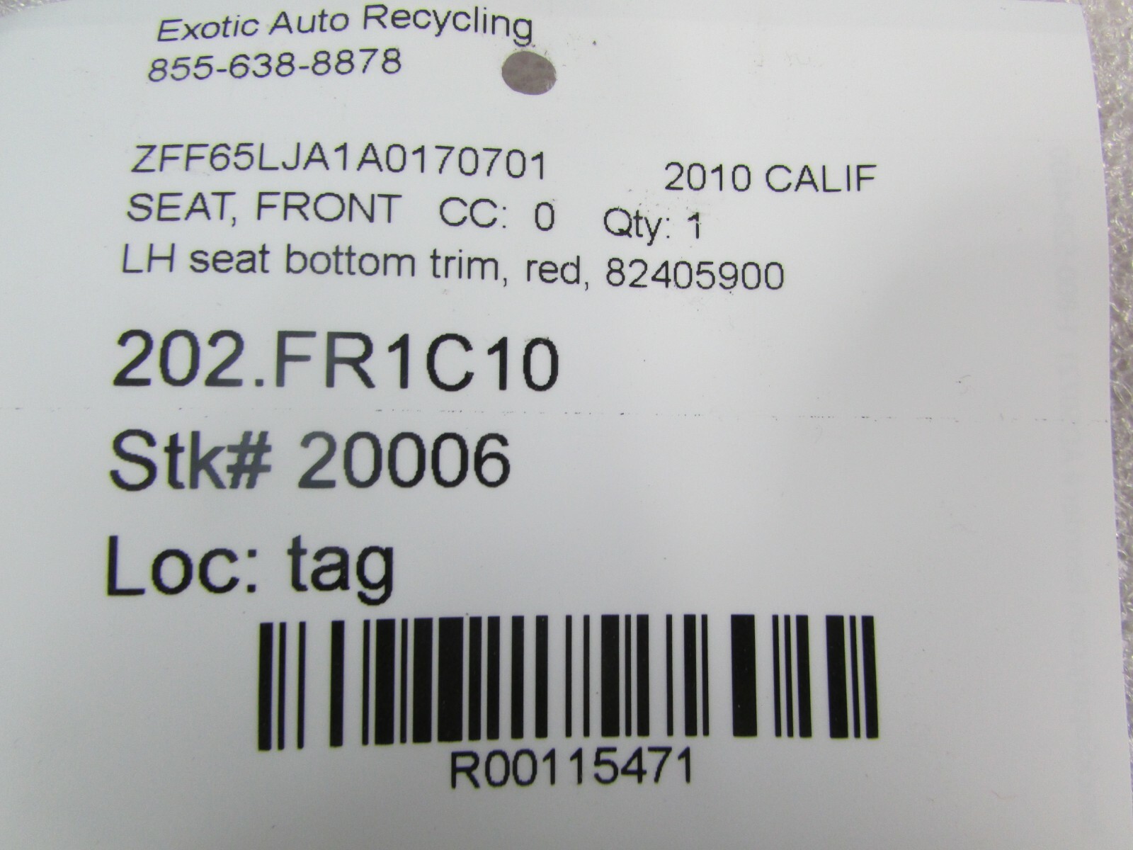 Ferrari California, LH, Left Seat Bottom Trim, Used, P/N 82405900