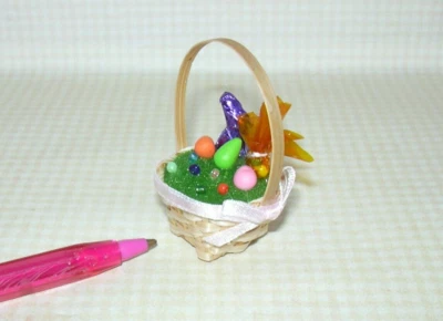 TOWN SQUARE MINIATURES Miniature Town Square Filled Easter Basket w/Pink Satin Ribbon: DOLLHOUSE 1:12