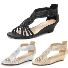 Women Rhinestone Wedge Sandals Open Toe Back Zipper Party Dress Wedge Sandals