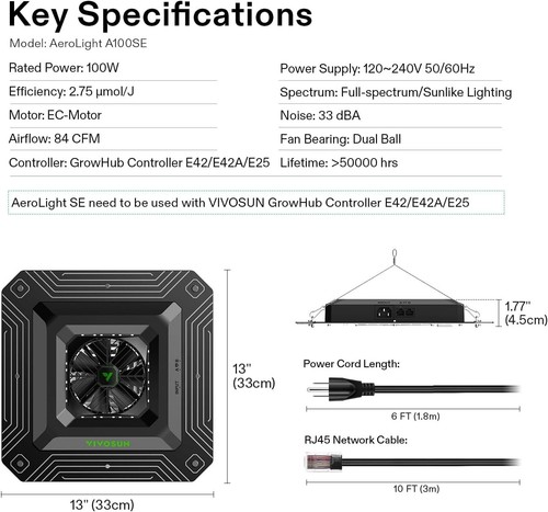 VIVOSUN AeroLight A100SE 100W LED,S4 208CFM Inline Duct Fan,E42A WiFi-Controller - 第 9/9 張圖片