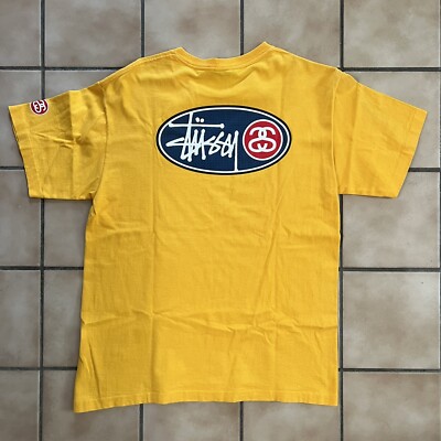 Vintage Stussy 90s Logo Tee Yellow Large Made In USA Single