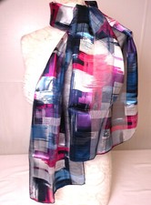 Scarf 58" x 13" NEW chiffon-satin abstract blue-pink abstract print summer