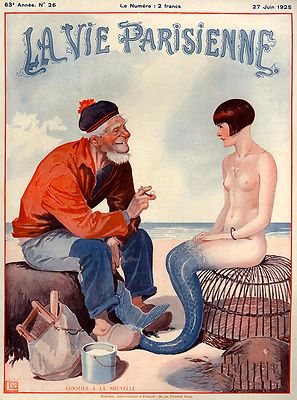 1925 La Vie Parisienne Fisherman and Mermaid France Travel Advertisement Poster