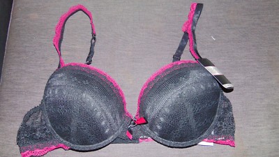 Steffy Bra U/Wired Padded Lace Overlay Plunge 36B Black/Pink Mix BNWT