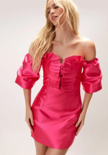 BNWT Nastygal Pleat Detail Bardot Structured Satin Dress Pink Size:6 RRP:£29.00