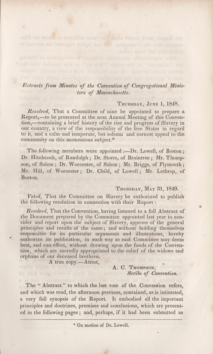 Report of Massachusetts Ministers on Slavery. Boston, 1849. Pamphlet