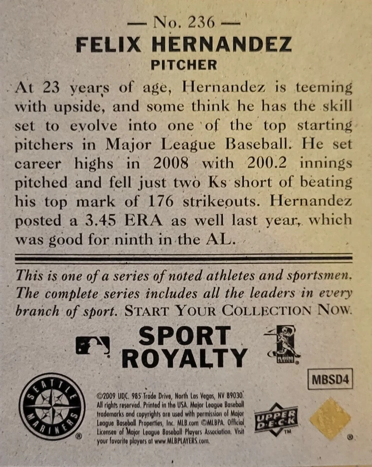 UD Goudey #236 2009 Felix Hernandez SP Black Border Mini/21 Foto 2 de 2