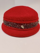 VTG 1950s RED WOOL LADIES HAT ADDED BEADS GREAT COLOR 6.5" -7"
