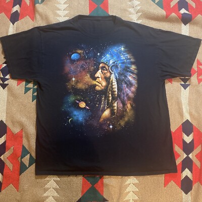 Y2K Vtg Native American Solar System Inhale Exhale Space Trippy T Shirt Graphic 