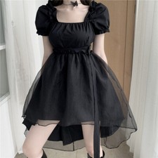 Lady A Line Dress Retro Lolita Puff Sleeve Mesh Tail High Waist Gothic Punk Sexy