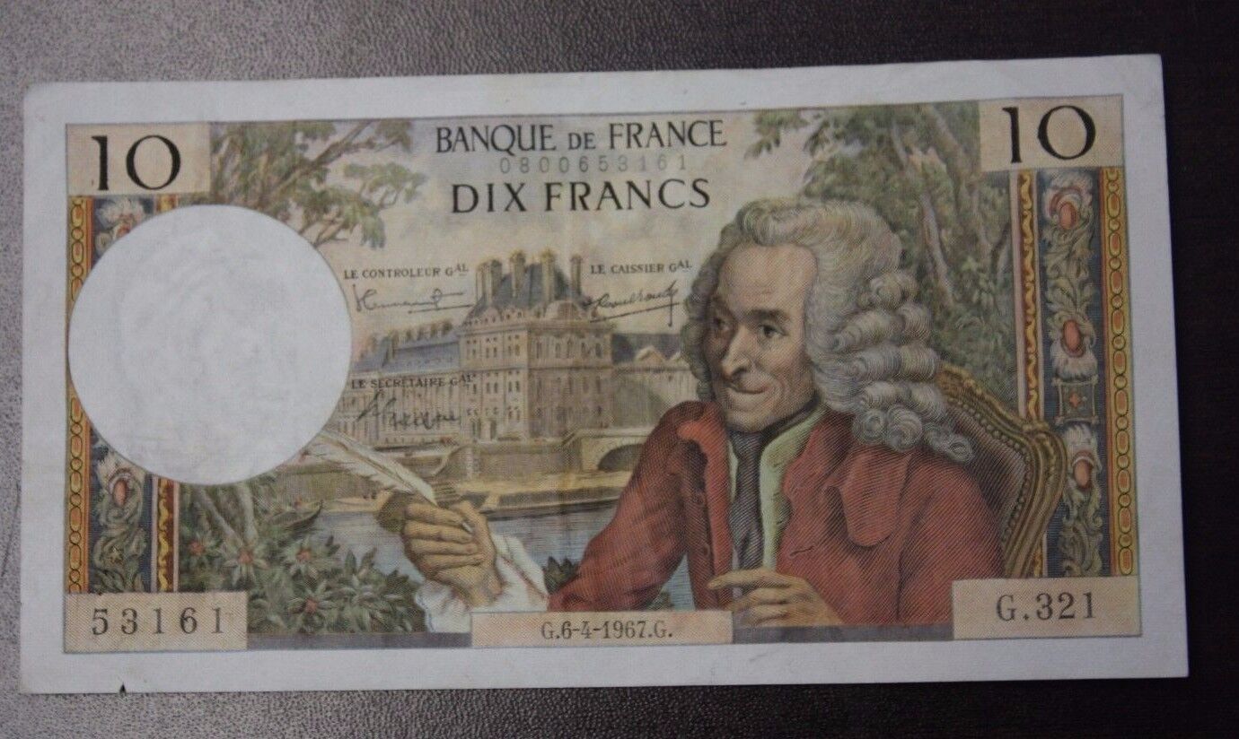 6-4 1967 10 Francs Bank note P147B VF little tear 