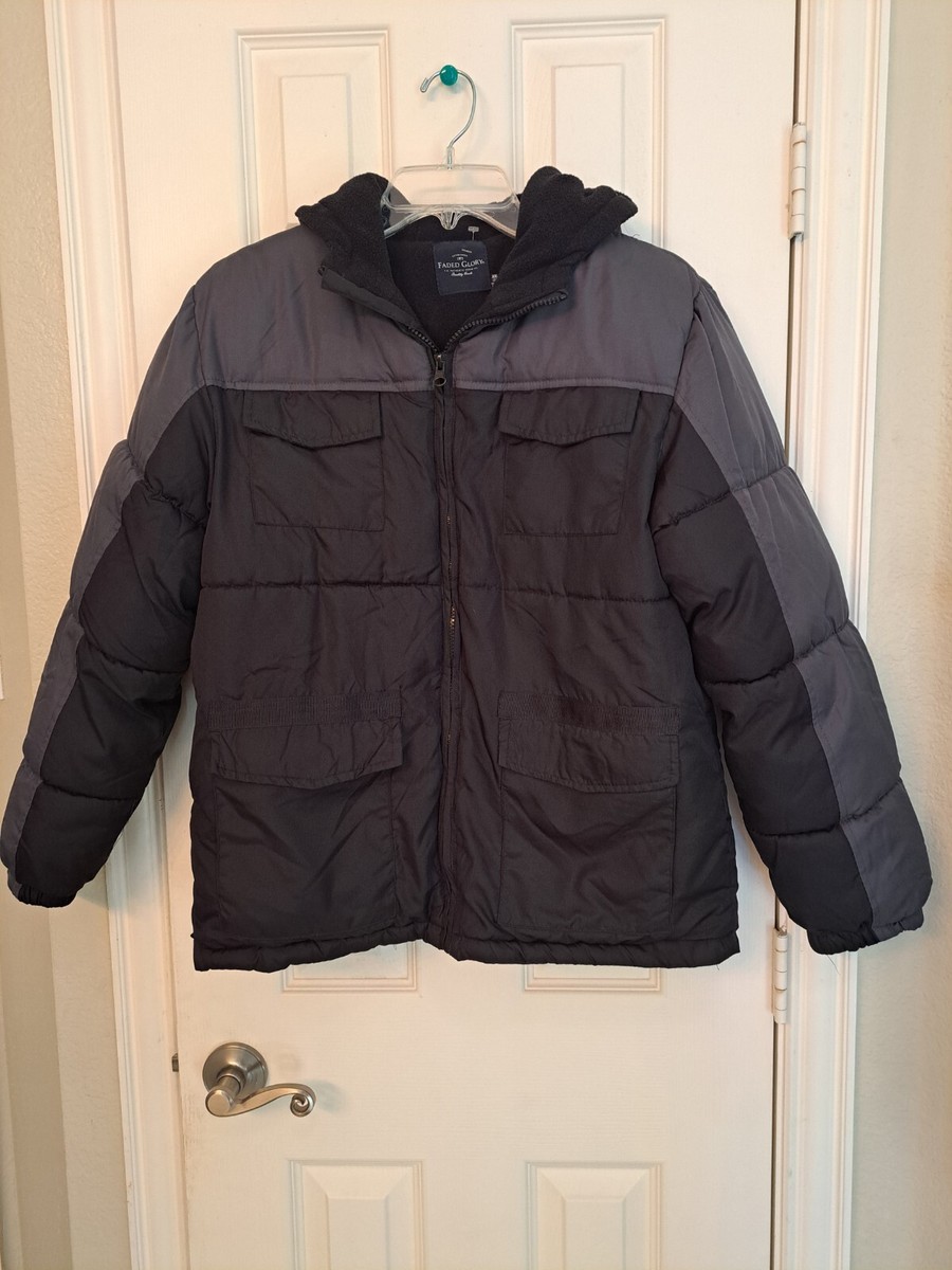 Faded Glory Boys XXL SZ 18 Hooded Coat Jacket Full Zip Black Puffer Fully  Lined