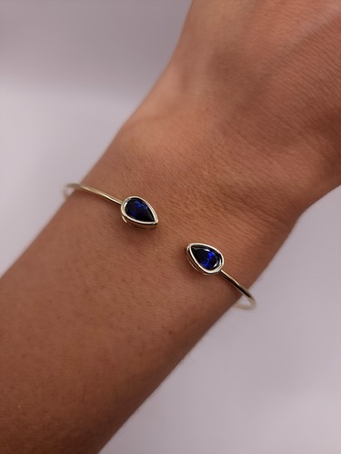 14Kt Gold Blue Sapphire Pear Bezel Bangle Bracelet - Picture 2 of 15