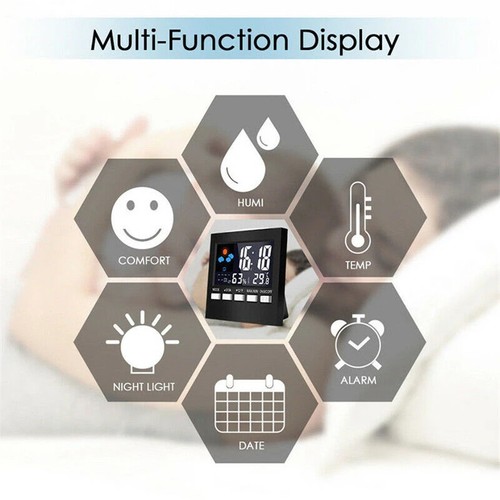 Digital LCD Display Alarm Clock Thermometer Humidity Colorful Calendar Weather - Picture 3 of 8
