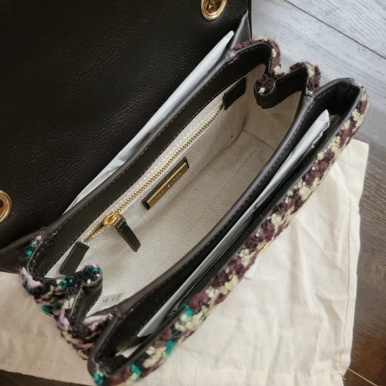 Borsa a tracolla convertibile Tory Burch Fleming tweed marrone giallo burro designer