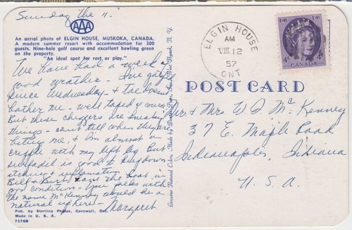 CANADA cover postmarked Elgin House, Ont, 12 Aug. 1957 - postcard to USA