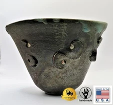 Signed Studio Clay Art Pottery Raku Bowl Vase Iridescent Drip Glaze Finish