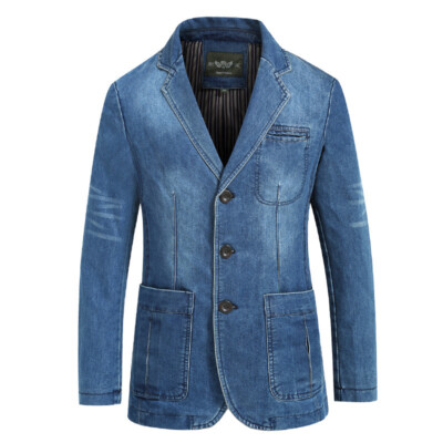 New 2026Mens Jean Suit Blazer Jacket Retro Denim Suit Cotton Work Suit Coat