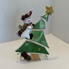 Snowman Climbing Christmas Tree Stained Glass Votive Holder.