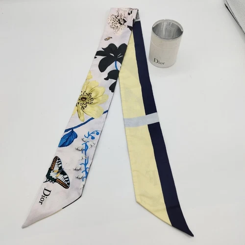 Foulard long Dior motif floral botanique 100% soie blanc jaune marine femme