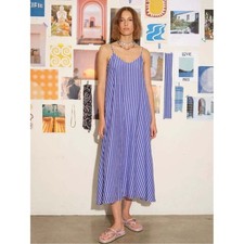XiRENA Teague Moon Star Silk / Cotton Blue and White Striped Maxi Slip Dress