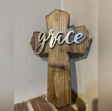 Handmade Wooden Cross Wall Decor with Metal 'Grace' Sign