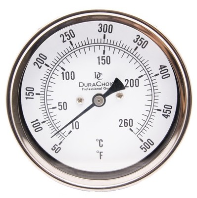 Industrial Bimetal Thermometer 5'' Face x 4'' Stem, 50-500 w/Calibration Dial